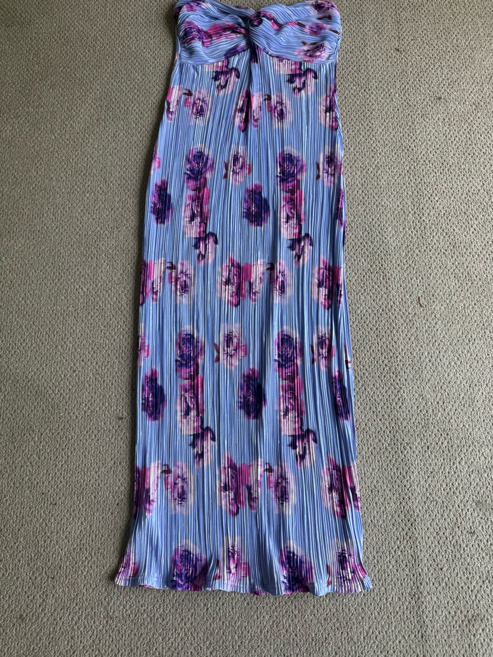 Floral Pleated Maxi Skirt - Light Blue with Pink & Purple Print